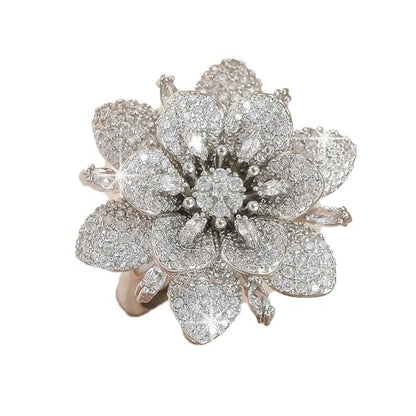 Kokoma Double Layered Rhinestone Flower Ring for Women Cubic Zirconia Geometry Sunflower Wrap Finger Band Adjustable Open Bands Rings Engagement Jewelry - color: Silver