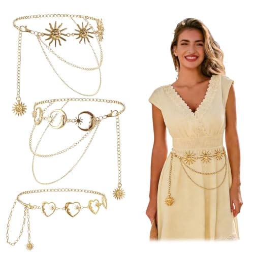 3 Pcs Gold Chain Belt for Women, Adjustable Waist Chain with Clover Butterfly Disc Pendants, Body Jewelry, Boho Belts for Women, Summer Beach Party - color: Gold-2