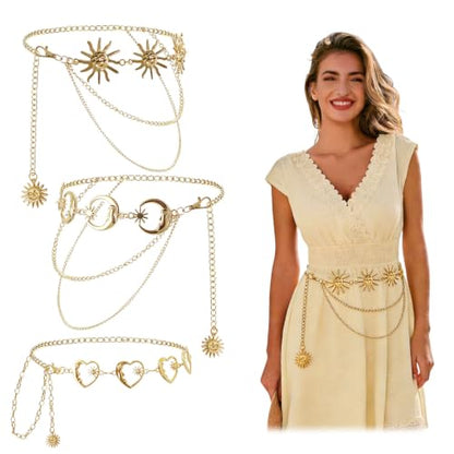 3 Pcs Gold Chain Belt for Women, Adjustable Waist Chain with Clover Butterfly Disc Pendants, Body Jewelry, Boho Belts for Women, Summer Beach Party - color: Gold-2