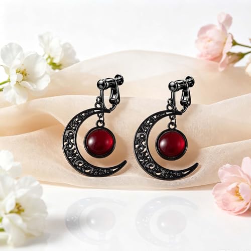 Gothic Moon Clip On Earrings for Women Black Filigree Dangle Moon Earrings Halloween Witch Earring Colorful Crystal Vampire Earring Accessories Halloween Jewelry Gifts - color: Red