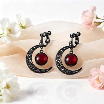 Gothic Moon Clip On Earrings for Women Black Filigree Dangle Moon Earrings Halloween Witch Earring Colorful Crystal Vampire Earring Accessories Halloween Jewelry Gifts - color: Red