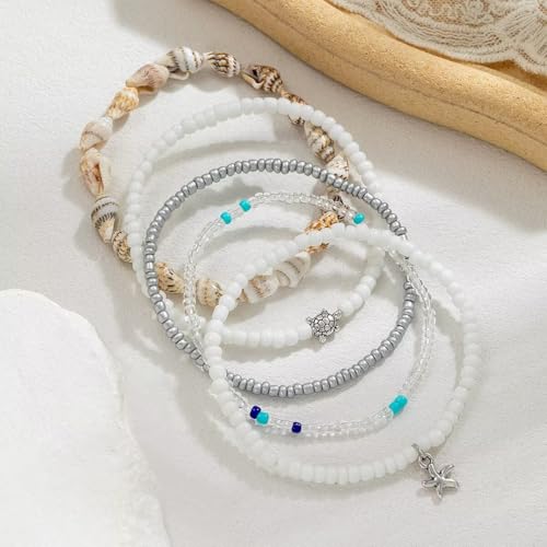 Boho Shell Ankle Bracelet Set for Women Adjustable Gold Plated Stackable Hawaiian Beach Vacation Pearl Seashell Starfish Foot Jewelry Gifts - color: Set A