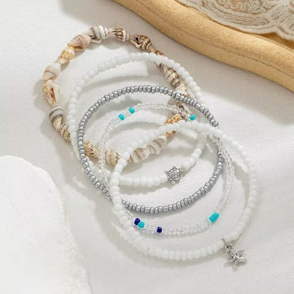Boho Shell Ankle Bracelet Set for Women Adjustable Gold Plated Stackable Hawaiian Beach Vacation Pearl Seashell Starfish Foot Jewelry Gifts - color: Set A
