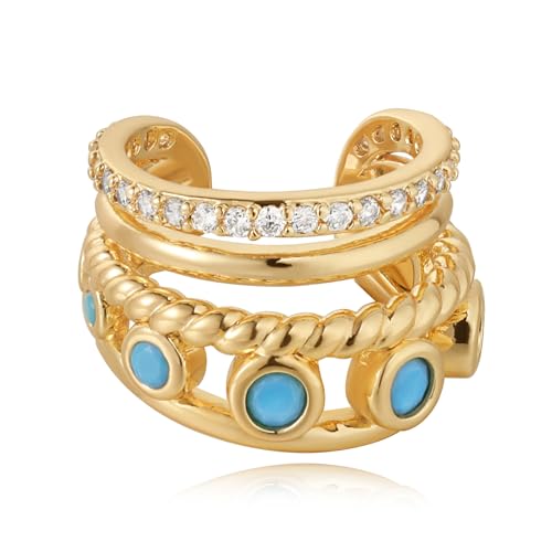 Ear Cuff Earrings for Women 14K Gold Plated Created Turquoise Cubic Zirconia Sparkling Boho Hollow Huggie Ear Cuffs Non Piercing | Clip On Cartilage | Single - color: Turquoise Trio