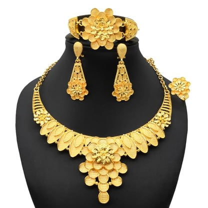 indian Women Jewelry Necklace Set african Dubai Bride Wedding Prom Fashion Jewelry 24K Gold Plated Necklace Bangles Rings Earrings - color: S-348