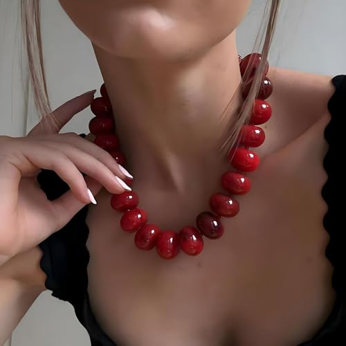 Chunky Beaded Statement Necklace for Women, Colorful Rondelle Bead, Bohemian Style, Adjustable Length, Summer Beach Accessory - color: vibrant red