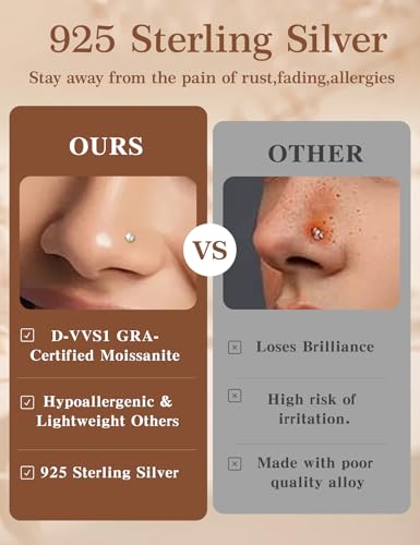 6-Piece L-Shaped Moissanite Nose Stud Set, 925 Sterling Silver Nose Rings | Hypoallergenic Nose Studs Suitable for Nostril, Nasal Septum, and Nasal Cartilage Piercings; Colorfast (Unisex) - color: Gold