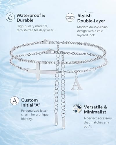 Layered Cross Initial Ankle Bracelets for Women Waterproof 14K Gold Plated Non Tarnish Stainless Steel Stacking Letter Charm Anklets Summer Beach Foot Jewelry Gift - color: silver