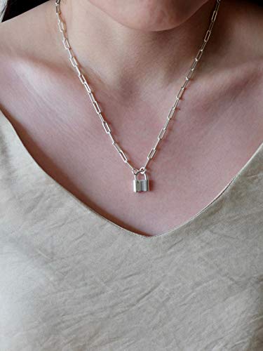 Lock Necklace for Women Paperclip Link Chain Padlock Necklace Non-Tarnish - color: Silver - 1 PC Paperclip Chain Lock Necklace