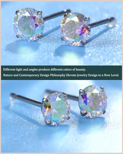 6 Pairs Stud Earrings Set, Hypoallergenic Cubic Zirconia Earrings 316L Stainless Steel CZ Earrings 3-8mm - color: A-Aurora Borealis CZ