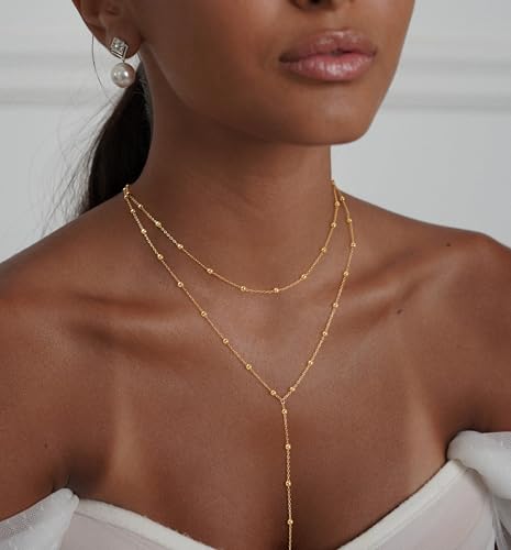 Lariat Gold Necklace for Women Dainty Long 14K Gold Plated Y-Shaped Body Chain Choker Necklace Trendy Non Tarnish Pendant Simple Layered Necklaces Gold Jewelry for Women Set Gift - color: Double Gold Beaded Necklace
