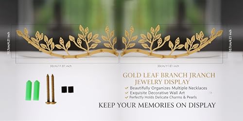 Wall Mounted Jewelry Necklace Holder Organizer with 8 Hooks and 43 Holes, Neatly Hanging Earring, Bracelet, and Keys - Rustic Gold Metal Tree Leaf Branch Wall Décor