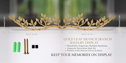 Wall Mounted Jewelry Necklace Holder Organizer with 8 Hooks and 43 Holes, Neatly Hanging Earring, Bracelet, and Keys - Rustic Gold Metal Tree Leaf Branch Wall Décor