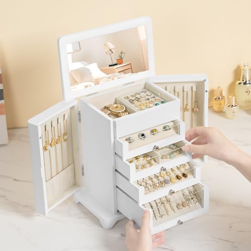Large Jewelry Box & Organizer for Women, Wooden Jewelry Storage with 4 Transparent Drawers, Holds Necklaces, Rings, Bracelets, Earrings and Watches(White) - color: White