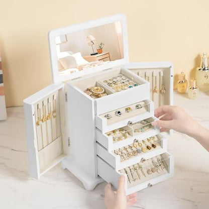 Large Jewelry Box & Organizer for Women, Wooden Jewelry Storage with 4 Transparent Drawers, Holds Necklaces, Rings, Bracelets, Earrings and Watches(White) - color: White