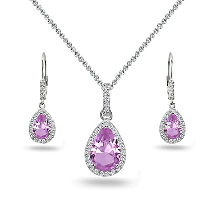 Jewelry Sets for Women, Necklace and Earring Sets for Women, Birthstone Jewelry, Genuine or Synthetic Gemstones, Teardrop Necklace and Dangle Earrings, Pendant Necklace, Sterling Silver Jewelry - color: Simulated Kunzite