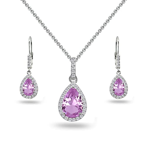 Jewelry Sets for Women, Necklace and Earring Sets for Women, Birthstone Jewelry, Genuine or Synthetic Gemstones, Teardrop Necklace and Dangle Earrings, Pendant Necklace, Sterling Silver Jewelry - color: Simulated Kunzite