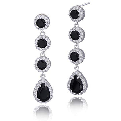 Women's Cubic Zirconia Bridal Earrings - Elegant Long Wedding Party Prom Earring for Bride Bridesmaids Crystal CZ Rhinestone Chandelier Statement Dangle Drop Earrings for girls - color: Black-silver