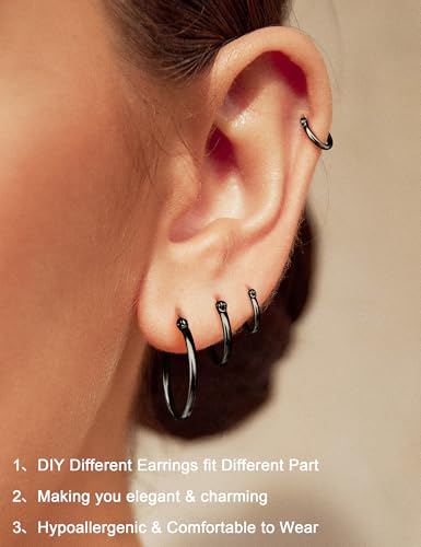 ORAZIO Stainless Steel Hoop Earrings Set Huggie Earrings for Women | Hypoallergenic Thin Small Non Tarnish Lightweight Dainty Trendy 10-20MM Women Stacks Multiple Piercing Jewelry Gift - style: D: Black-tone,4 pairs
