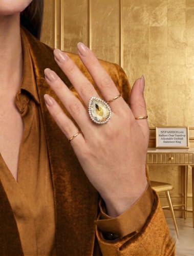NYFASHION101 Radiant Teardrop Stone Adjustable Cocktail Statement Ring - color: Clear Encircled Teardrop, Light Brown