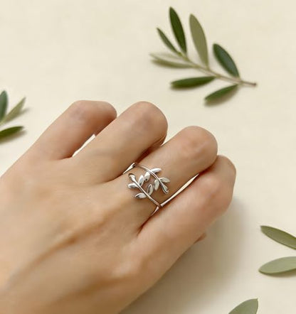 925 Sterling Silver White Gold Plated Leaves Leaf Laurel Wrap Adjustable Branch Ring Women Jewelry Size 4 5 6 7 8