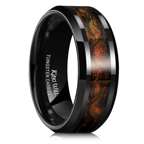 King Will Mens Galaxy Tungsten Wedding Band | 6mm/8mm, Beveled Edge, Comfort Fit, Durable, Sandstone Opal Inlay Polished, Everyday Wear - color: Black&Orange Sand