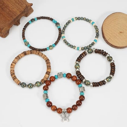 Boho Wooden Beads Bracelets Bohemian Bracelet Stack for Men Women Wood Beaded Bracelet Set - color: A