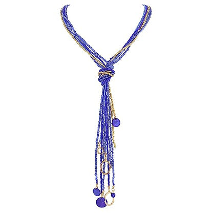 Coiris Long Seed Beaded Multi Strand Necklace,10 Multiple Statement Long Bib Necklace with Tie Knot for Women and Girls Jewelry - color: Royal Blue