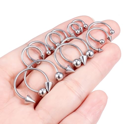 16G Septum Rings Surgical Steel Nose Septum Horseshoe Hoop Earring Eyebrow Tragus Helix Lip Piercing Jewelry Nipple Rings for Women Men 6mm 8mm 10mm 12mm 14mm 16mm - color: silvertone,ball+spike