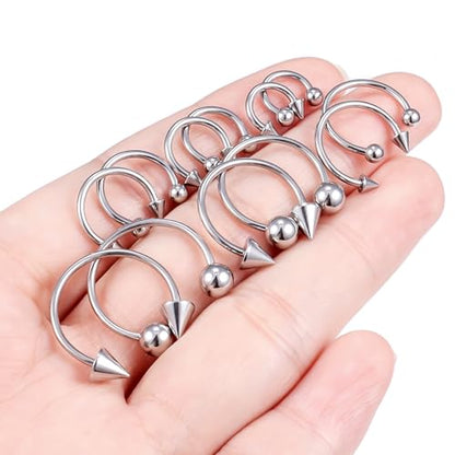16G Septum Rings Surgical Steel Nose Septum Horseshoe Hoop Earring Eyebrow Tragus Helix Lip Piercing Jewelry Nipple Rings for Women Men 6mm 8mm 10mm 12mm 14mm 16mm - color: silvertone,ball+spike