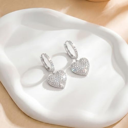 SAVORI 14K Gold Plated Sterling Silver Pave CZ Heart Huggie Hoop Earrings, Hypoallergenic Romantic Dangle Jewelry Gifts for Women - color: Silver