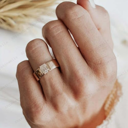 Emerald Cut Moissanite Ring Bridal Stacking Band 14K Rose Gold Cigar Band Birthday Gift Thick Wide Band Vintage Wedding Band For Women By SHREESHYAMJEWELLS