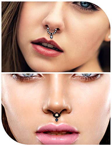 Vsnnsns 16G Septum Rings Piercing Jewelry 316L Stainless Surgical Steel Skull Flower Dangle Clicker Horseshoe Septum Nose Rings Hoop Piercing Jewelry for Women Men Silver Black Rose Gold 10mm - color: Black Tone