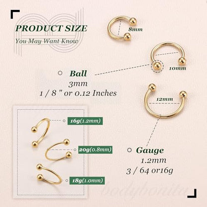 G23 Titanium 14/16/18/20G Septum Rings Horseshoe Nose Ring Jewelry | 2/3Pcs Circular Barbell Spike Lip Body Piercing Jewelry Conch Helix Tragus Earring Silver/Black 8/10/12mm 14K Gold Plated - color: Gold-3pcs, size: Balls-3pcs-16g-8/10/12mm