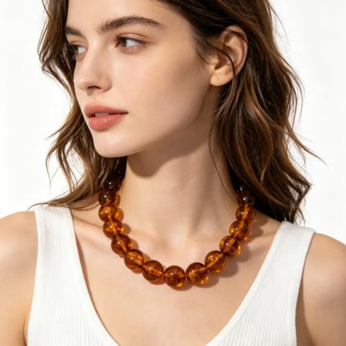 Chunky Beaded Necklace for Women Trendy Boho Collar Statement Necklace Large Round Resin Beads Choker Necklaces Summer Beach Jewelry Gifts - color: Amber