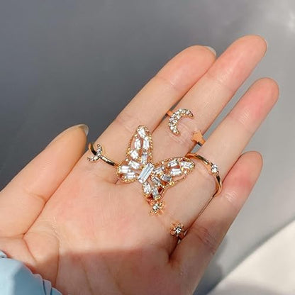 HUASAI Gold Stackable Rings Set for Women Boho Dainty Moon Star Pearl Leaf Cubic Zirconia Heart Midi Pinky Trendy Jewelry Birthday Gifts - color: Y Gold Butterfly Rings 5 Pcs