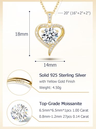 CYW Genuine Sapphire/Emerald/Ruby/Moissanite Necklace for Women, Really Authentic Solid 925 Sterling Silver, 16"/18"/20" Adjustable Chain, Anniversary Mother's Day Valentines Gift - color: Heart - Yellow Gold, size: 6.5mm