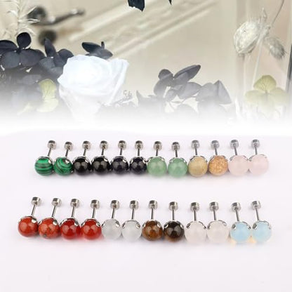 12 Pairs Multi Natural Gemstone Round Bead Ball Stud Earrings Stainless Steel Opal Tiger Eye Rose Quartz Onyx Stone Stud Earrings Set for Women - color: Silver flatback 6mm