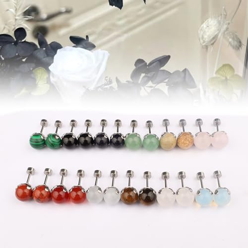 12 Pairs Multi Natural Gemstone Round Bead Ball Stud Earrings Stainless Steel Opal Tiger Eye Rose Quartz Onyx Stone Stud Earrings Set for Women - color: Silver flatback 8mm