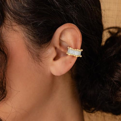 Sparkle Ear Cuff for Women, Non Piercing Single | 14K Gold Plated Brass, Clear Cubic Zirconia Accents, Fixed 3.8-3.9 mm Opening, Single Non-Piercing Cuff For Ear Stacks - style: Beaded Glow