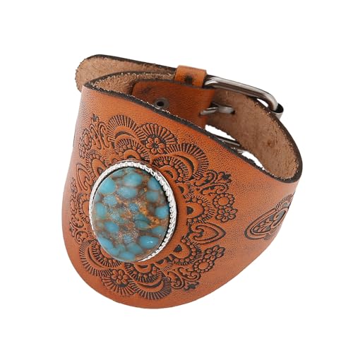 HZMAN Vintage Turquoise Leather Bracelet, Adjustable Punk Sunflower Cuff Bracelet for Men Women - color: Brown