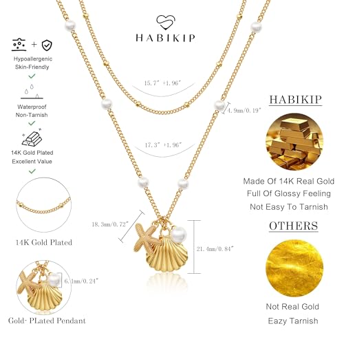 Shell Starfish Charm for Women, Dainty Layered 14K Gold Plated Seashell Conch Starfish Pearl Pendant Necklace for Women Stack Trendy Beach Cuban Link CZ Chain Necklace Summer Vacation Jewelry - color: 2PSC Layered/ Starfish & Shell Pearl