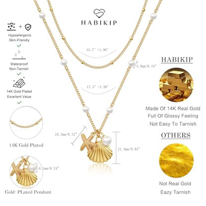 Shell Starfish Charm for Women, Dainty Layered 14K Gold Plated Seashell Conch Starfish Pearl Pendant Necklace for Women Stack Trendy Beach Cuban Link CZ Chain Necklace Summer Vacation Jewelry - color: 2PSC Layered/ Starfish & Shell Pearl