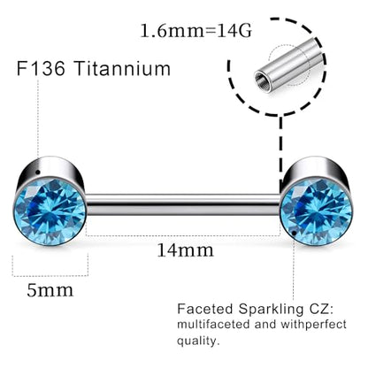 14G ASTM F136 Titanium Nipple Piercing Jewelry Round CZ Nipple Barbell Jewelry Internally Threaded G23 Solid Titanium Nipple Piercing Barbell Ring Jewelry for Women Men 14 Gauge - style: Sea Blue CZ