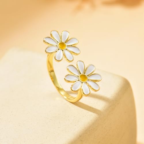 Adjustable Rings for Women 18K Gold Plated daisy Flower Butterfly Ball Cubic Zirconia Rings Dainty Open Stacking Ring - color: Double Daisy-Gold