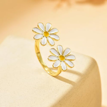 Adjustable Rings for Women 18K Gold Plated daisy Flower Butterfly Ball Cubic Zirconia Rings Dainty Open Stacking Ring - color: Double Daisy-Gold