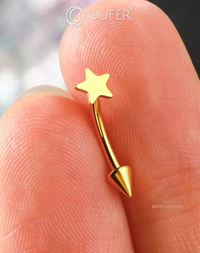 OUFER Rook Piercing Jewelry, G23 Solid Titanium Eyebrow Rings, Heart Vertical Labret Lip Jewelry, 16G Curved Barbells, Daith Rook Earrings for Women Men - color: Gold Star, size: 16G 8mm