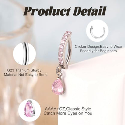 14G G23 Titanium Clicker Belly Button Ring for Women - Teardrop CZ Dangle Curved Reverse Barbell Navel Piercing - Hypoallergenic Jewelry - color: Pink