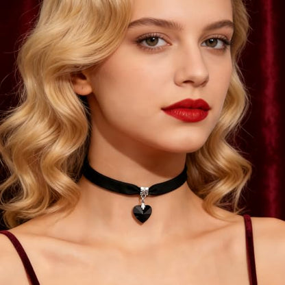 Black Choker for Women, Adjustable Layered Velvet Leather Lace Collar necklace, Goth necklace Gifts - color: Black Heart