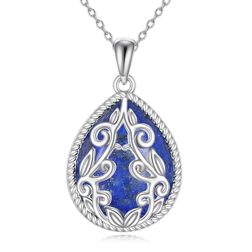 YAFEINI Teardrop Necklace Sterling Silver Filigree Irish Pendant Necklace Natural Stone Moonstone/Lapis Lazuli/Larimar/Moss Agate Necklace Jewelry - color: Lapis Lazuli Filigree Necklace